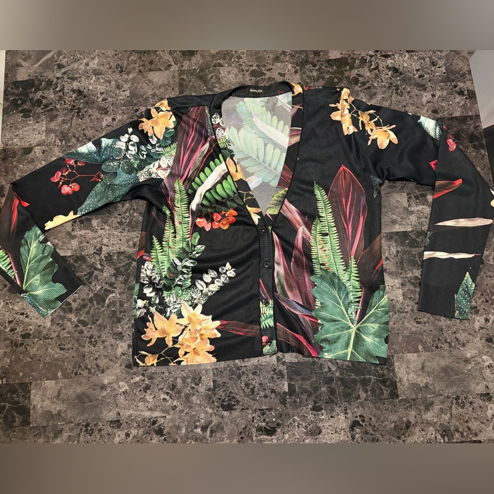 Osklen Botanical Print Cardigan Black Tropical Floral Lightweight Sweater